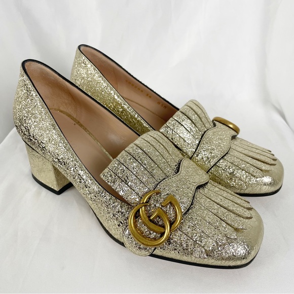 Gucci Marmont Fringe Metallic Leather Loafer Pumps Gold - Picture 2 of 10